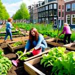 **Prompt:** A vibrant, eye-level shot of a diverse group of people in Amsterdam, happily gardening in a community garden. One section is filled with colorful, child-friendly plants, another with easy-to-maintain greenery, and a third showcasing organic vegetables. The background features classic Amsterdam architecture and a bright, sunny sky. Emphasis on capturing the personalized approach to gardening for different customer segments.