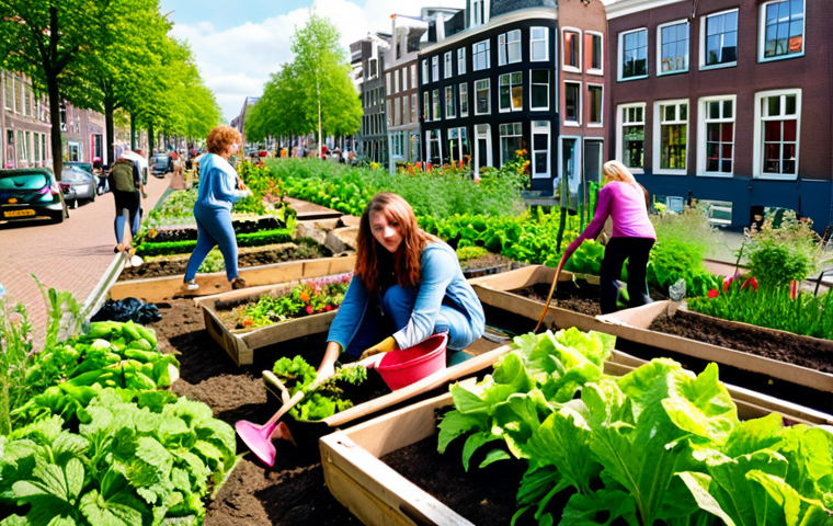 **Prompt:** A vibrant, eye-level shot of a diverse group of people in Amsterdam, happily gardening in a community garden. One section is filled with colorful, child-friendly plants, another with easy-to-maintain greenery, and a third showcasing organic vegetables. The background features classic Amsterdam architecture and a bright, sunny sky. Emphasis on capturing the personalized approach to gardening for different customer segments.
