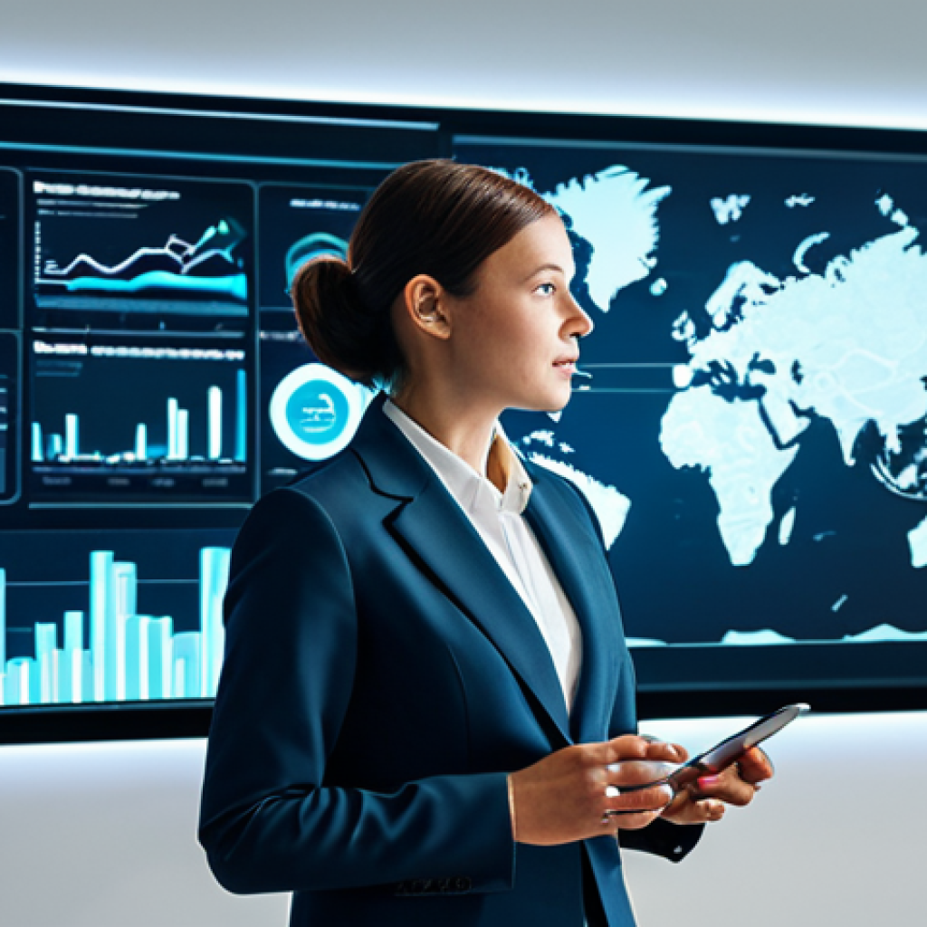 A focused female digital marketing professional, fully clothed in a modest business suit, standing in a modern, high-tech office environment. She is interacting with a transparent holographic display showcasing complex data visualizations, including flow diagrams representing customer journeys and personalized content suggestions. The setting is clean and futuristic, with subtle glowing data streams in the background. Professional lighting, high-resolution details, perfect anatomy, correct proportions, natural pose, well-formed hands, proper finger count, natural body proportions. safe for work, appropriate content, fully clothed, professional, family-friendly.