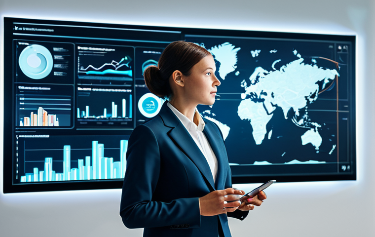 A focused female digital marketing professional, fully clothed in a modest business suit, standing in a modern, high-tech office environment. She is interacting with a transparent holographic display showcasing complex data visualizations, including flow diagrams representing customer journeys and personalized content suggestions. The setting is clean and futuristic, with subtle glowing data streams in the background. Professional lighting, high-resolution details, perfect anatomy, correct proportions, natural pose, well-formed hands, proper finger count, natural body proportions. safe for work, appropriate content, fully clothed, professional, family-friendly.