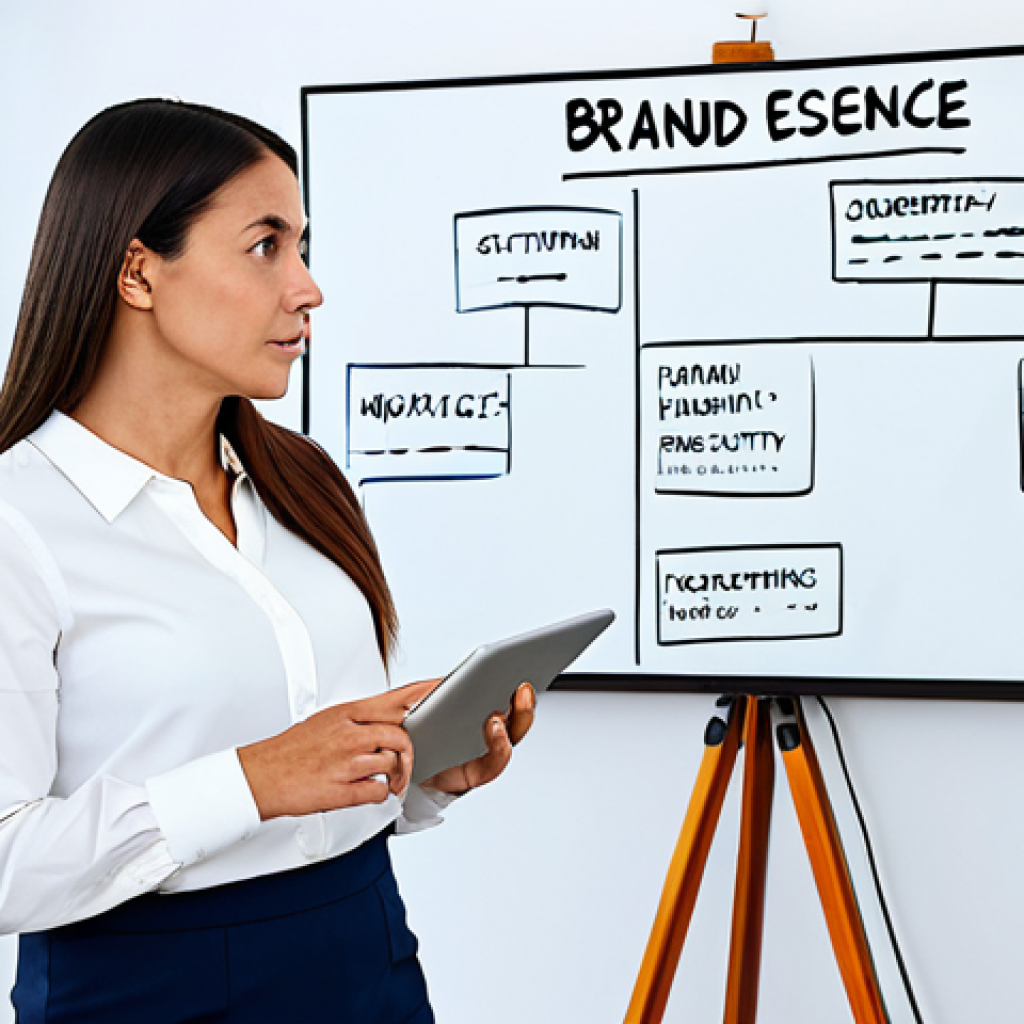 A professional brand strategist, female, fully clothed in modest business casual attire, stands contemplatively in a bright, modern creative studio. In the background, a digital whiteboard displays a mind map with keywords like "Brand Essence," "Storytelling," and "Authenticity." She holds a tablet, thoughtfully considering concepts. This scene emphasizes creativity and deep strategic thinking. safe for work, appropriate content, fully clothed, professional dress, perfect anatomy, correct proportions, natural pose, well-formed hands, proper finger count, natural body proportions, family-friendly, high quality professional photography.