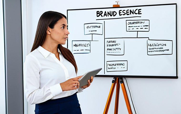 A professional brand strategist, female, fully clothed in modest business casual attire, stands contemplatively in a bright, modern creative studio. In the background, a digital whiteboard displays a mind map with keywords like "Brand Essence," "Storytelling," and "Authenticity." She holds a tablet, thoughtfully considering concepts. This scene emphasizes creativity and deep strategic thinking. safe for work, appropriate content, fully clothed, professional dress, perfect anatomy, correct proportions, natural pose, well-formed hands, proper finger count, natural body proportions, family-friendly, high quality professional photography.