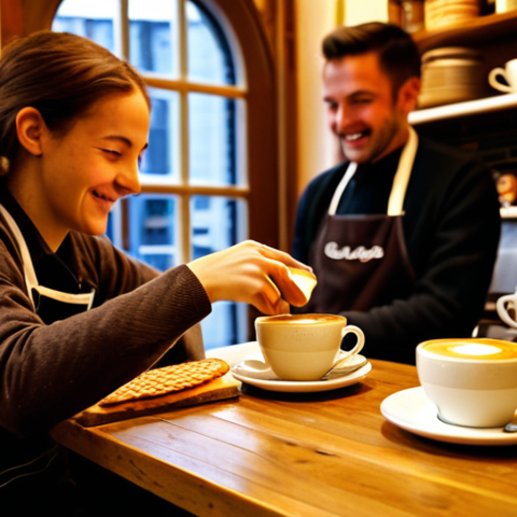 **

A cozy scene inside a "gezellig" Dutch coffee house. A barista, wearing a stylish apron, is pouring latte art into a cappuccino for a customer. Soft, warm lighting illuminates the scene. In the background, you see people chatting and enjoying their coffee. Focus on capturing a welcoming and friendly atmosphere. Include stroopwafels on a plate on a nearby table.
appropriate content, safe for work, fully clothed, professional photography, perfect anatomy, natural proportions, family-friendly.

**