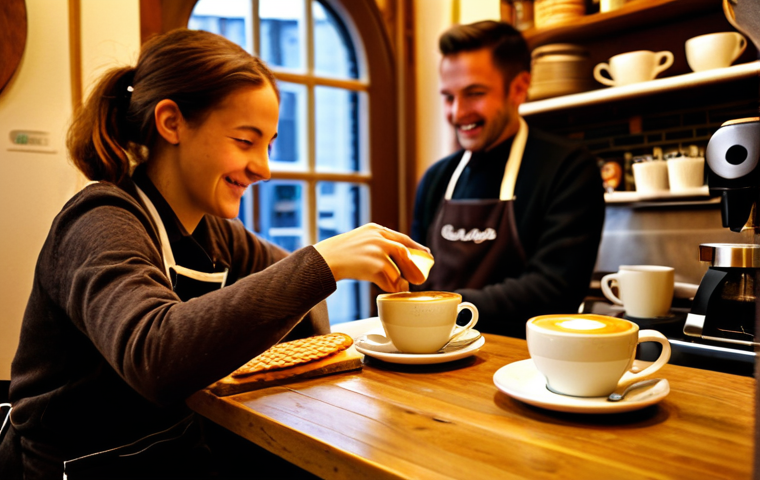 **

A cozy scene inside a "gezellig" Dutch coffee house. A barista, wearing a stylish apron, is pouring latte art into a cappuccino for a customer. Soft, warm lighting illuminates the scene. In the background, you see people chatting and enjoying their coffee. Focus on capturing a welcoming and friendly atmosphere. Include stroopwafels on a plate on a nearby table.
appropriate content, safe for work, fully clothed, professional photography, perfect anatomy, natural proportions, family-friendly.

**
