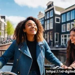 세그먼트별 디지털 광고 타겟팅 방법 - A vibrant urban street scene in Amsterdam featuring a diverse group of women aged 25 to 35 engaging ...