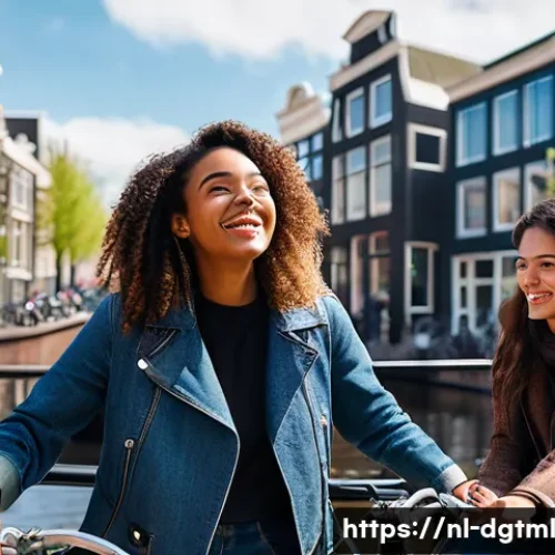 세그먼트별 디지털 광고 타겟팅 방법 - A vibrant urban street scene in Amsterdam featuring a diverse group of women aged 25 to 35 engaging ...