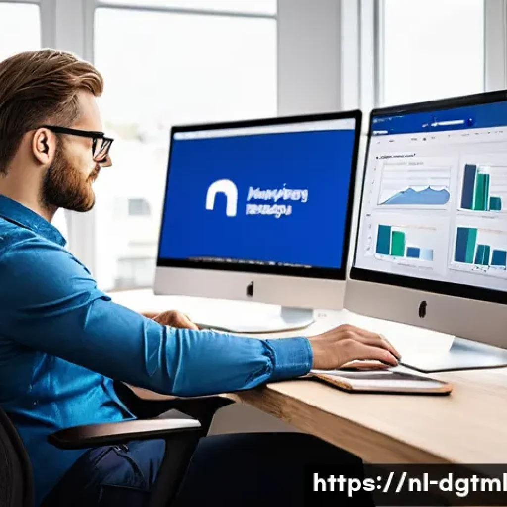 디지털 광고 플랫폼 비교  구글 vs 페이스북 - A professional Dutch digital marketing expert sitting at a modern workspace with multiple screens sh...