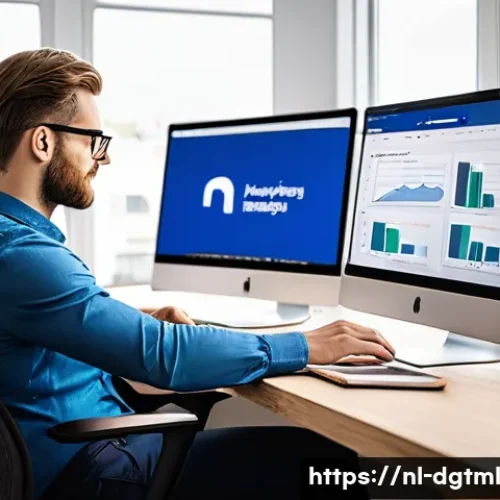 디지털 광고 플랫폼 비교  구글 vs 페이스북 - A professional Dutch digital marketing expert sitting at a modern workspace with multiple screens sh...