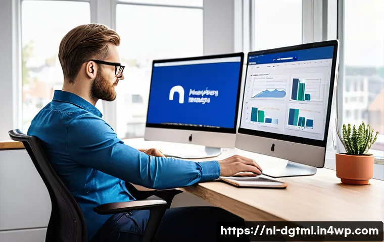 디지털 광고 플랫폼 비교  구글 vs 페이스북 - A professional Dutch digital marketing expert sitting at a modern workspace with multiple screens sh...