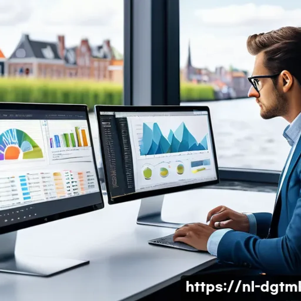 신뢰할 수 있는 데이터 소스 확보하기 - A modern Dutch office environment showing a data analyst working on multiple screens displaying colo...