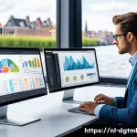 신뢰할 수 있는 데이터 소스 확보하기 - A modern Dutch office environment showing a data analyst working on multiple screens displaying colo...