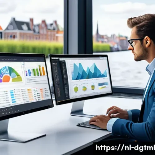 신뢰할 수 있는 데이터 소스 확보하기 - A modern Dutch office environment showing a data analyst working on multiple screens displaying colo...