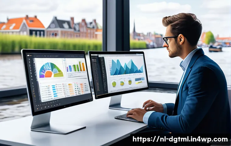 신뢰할 수 있는 데이터 소스 확보하기 - A modern Dutch office environment showing a data analyst working on multiple screens displaying colo...