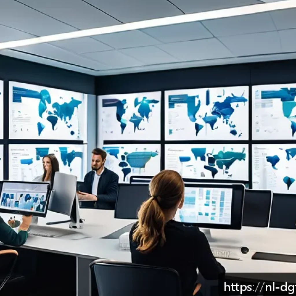 디지털 광고 타겟팅의 트렌드와 예측 - A modern digital marketing office scene in Amsterdam, showing diverse professionals analyzing real-t...