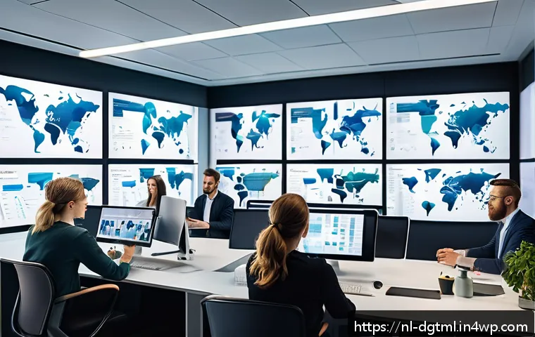 디지털 광고 타겟팅의 트렌드와 예측 - A modern digital marketing office scene in Amsterdam, showing diverse professionals analyzing real-t...