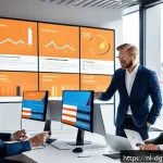 디지털 광고 캠페인의 성공 사례 연구 - A modern Dutch digital marketing office scene showcasing a diverse team of professionals analyzing c...