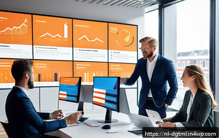 디지털 광고 캠페인의 성공 사례 연구 - A modern Dutch digital marketing office scene showcasing a diverse team of professionals analyzing c...