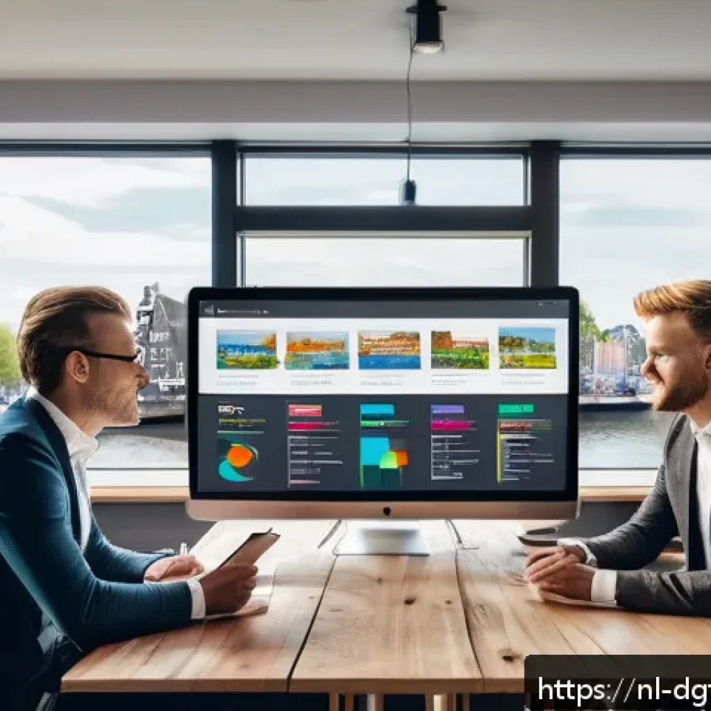 디지털 광고 타겟팅에서의 KPI 설정 - A modern Dutch digital marketing office scene featuring a diverse team of professionals analyzing co...