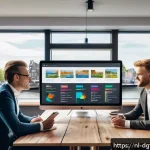 디지털 광고 타겟팅에서의 KPI 설정 - A modern Dutch digital marketing office scene featuring a diverse team of professionals analyzing co...