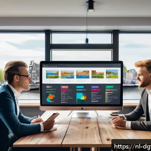 디지털 광고 타겟팅에서의 KPI 설정 - A modern Dutch digital marketing office scene featuring a diverse team of professionals analyzing co...