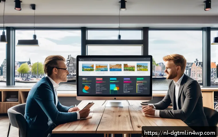 디지털 광고 타겟팅에서의 KPI 설정 - A modern Dutch digital marketing office scene featuring a diverse team of professionals analyzing co...