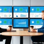 디지털 광고의 인사이트를 활용한 전략 - A modern Dutch marketing office scene showing a diverse team of professionals analyzing realtime cus...