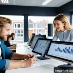 디지털 광고에서의 타겟 고객 정의 방법 - A detailed scene of a Dutch digital marketing team in a modern Amsterdam office, analyzing demograph...