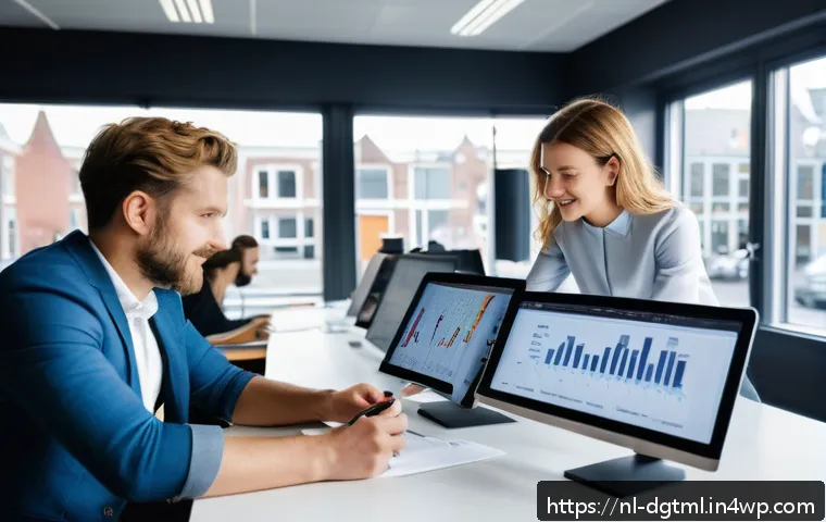 디지털 광고에서의 타겟 고객 정의 방법 - A detailed scene of a Dutch digital marketing team in a modern Amsterdam office, analyzing demograph...