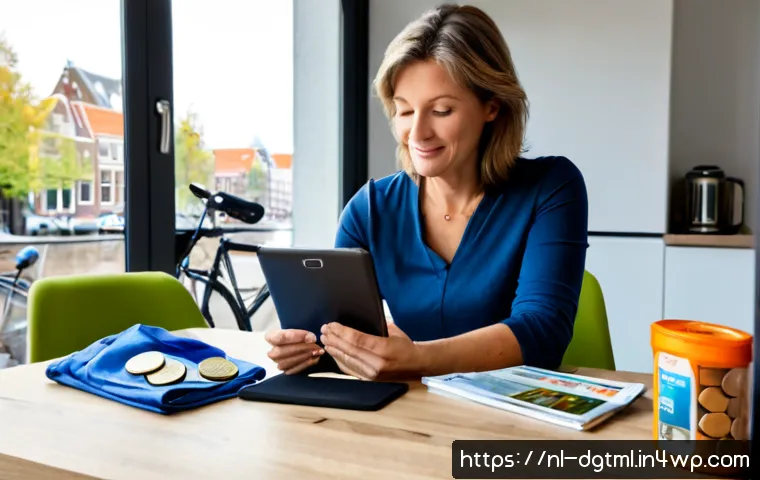 디지털 광고에서의 맞춤형 고객 경험 제공 - Photorealistic Dutch online shopper at a bright modern kitchen table in Amsterdam, a middle-aged wom...